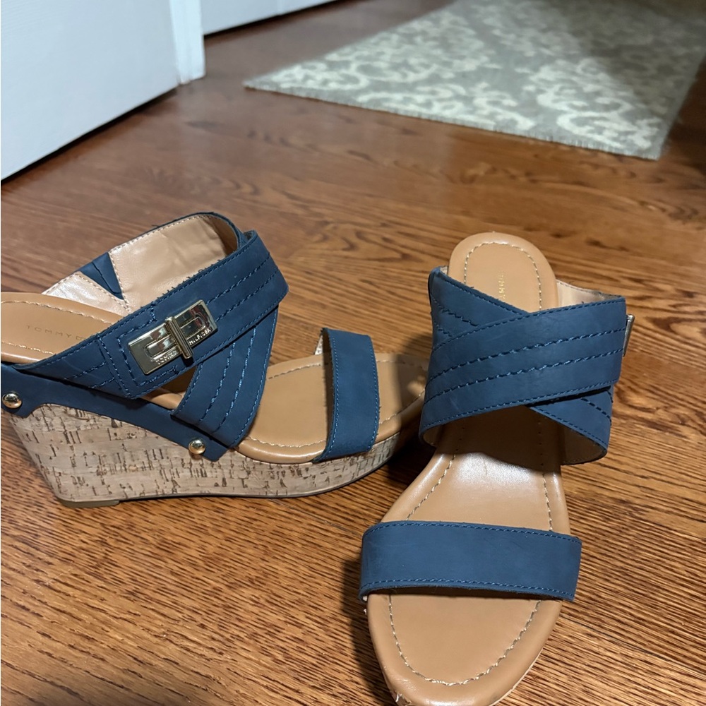 Tommy Hilfiger Blue and Tan Cork Wedges